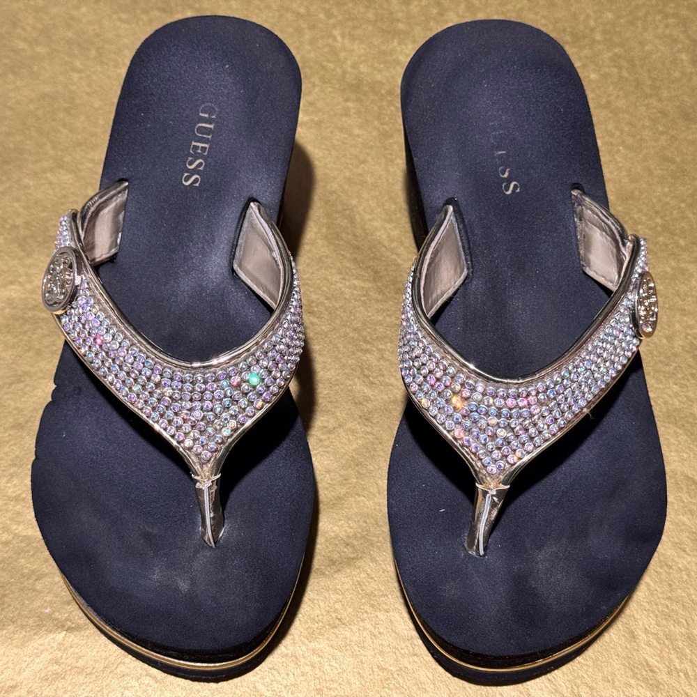 GUESS Women's Black and Silver Rhinestone Sandals